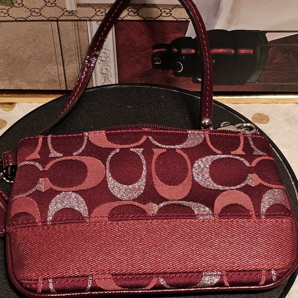Coach Handbags - Coach Signature Maroon & Silver Wristlet